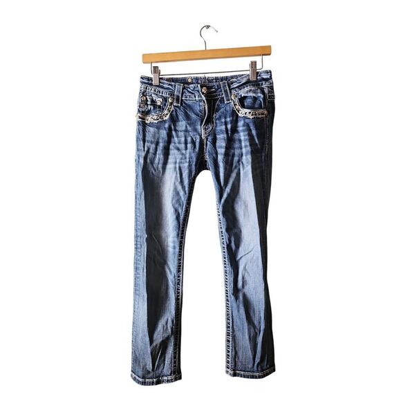 MISS ME midrise easy cropped jeans sz 27 bedazzled white stitching bling WJ166 - Picture 1 of 10